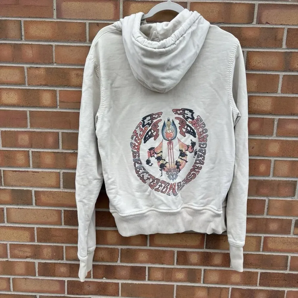 Y2K True Religion M Graphic Print Hoodie Sweatshirt Cream Streetwear Vtg Flaws